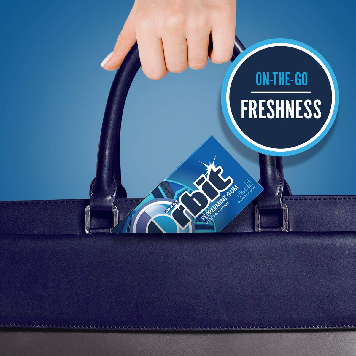 Travel-size Orbit Peppermint gum tucked in a pocket for quick freshness