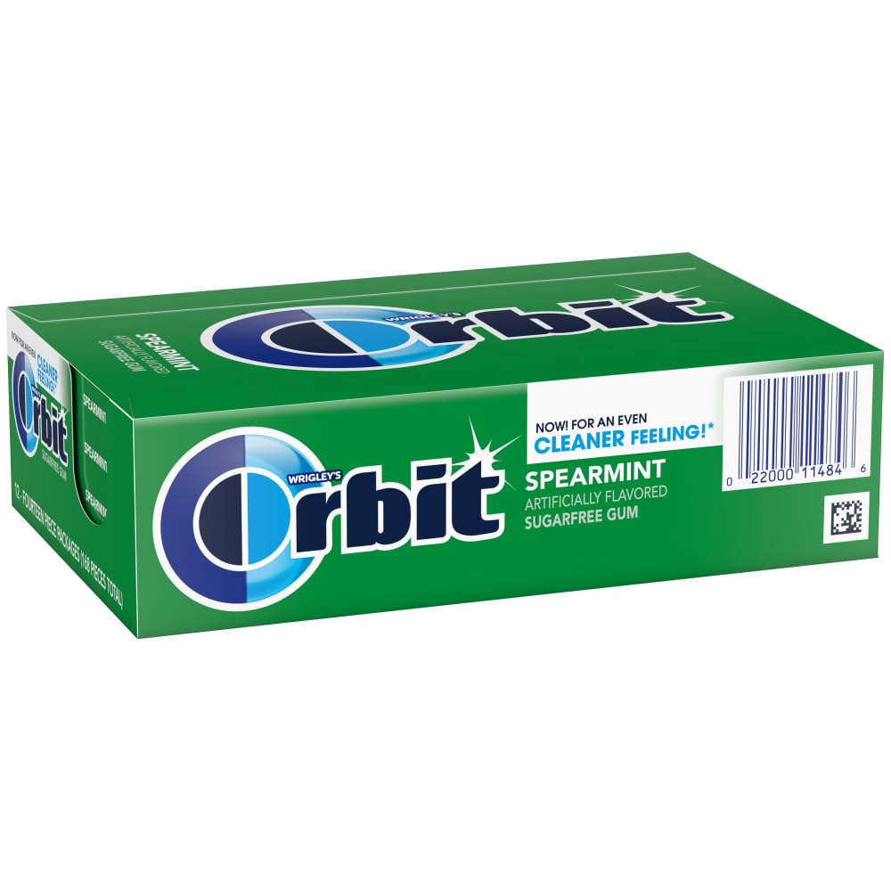 Orbit Spearmint Sugar Free Gum 12-pack box back shows bulk value for sharing.