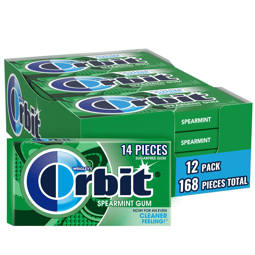 Orbit Spearmint Sugar Free Gum 12-pack box front for fresh breath anywhere.