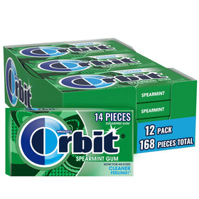 Orbit Spearmint Sugar Free Gum 12-pack box front for fresh breath anywhere.