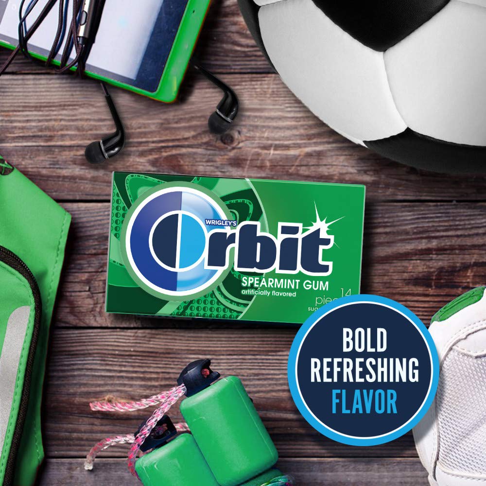Close-up of Orbit Sugarfree Gum Spearmint pack highlights refreshing mint flavor.