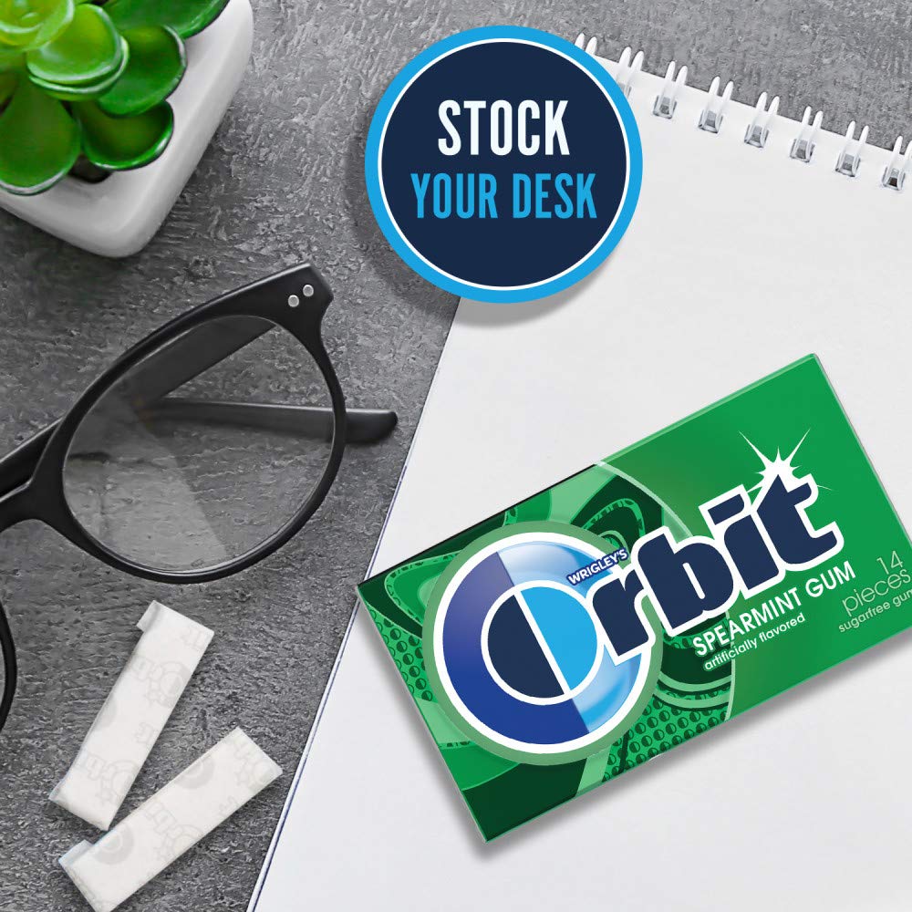 Open Orbit Sugarfree Gum Spearmint pack reveals convenient 14-piece units.