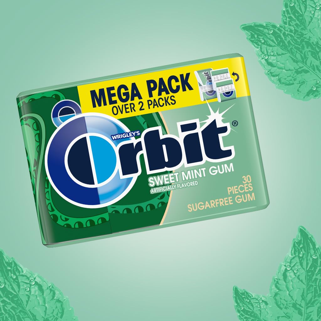 Orbit Sweet Mint gum mega pack back view highlighting six 30-piece packs for daily use