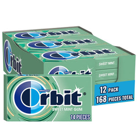 Orbit Sweet Mint sugar-free gum 14-piece pack on shelf for quick fresh breath