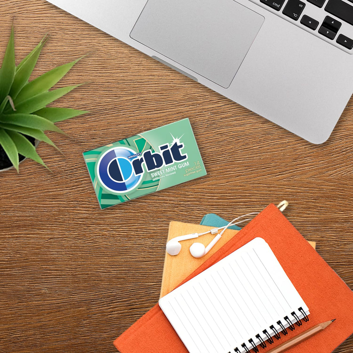 Orbit Sweet Mint gum on desk demonstrating easy access and shareable freshness