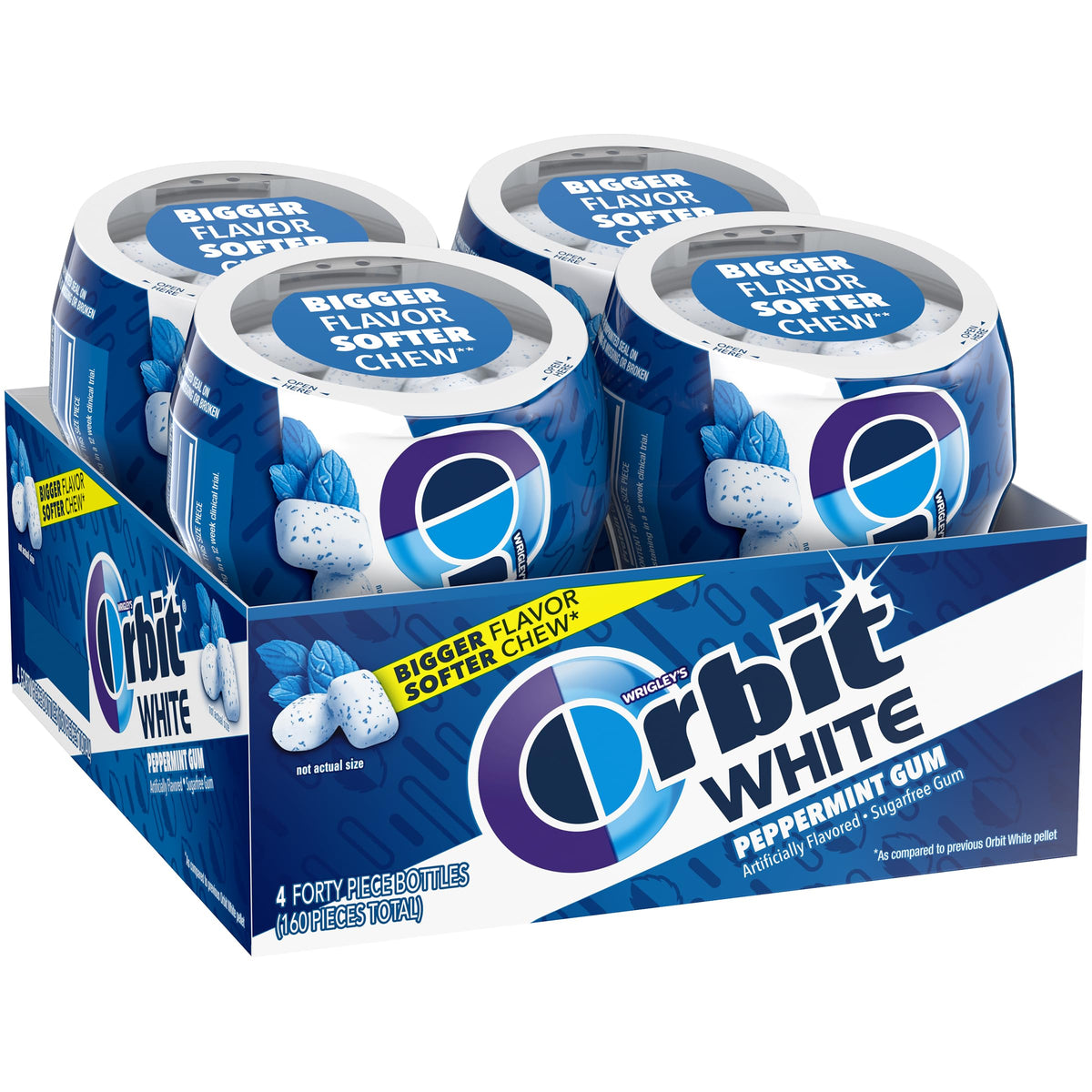 Orbit White Peppermint gum bottle assembly highlighting sugar-free convenience.