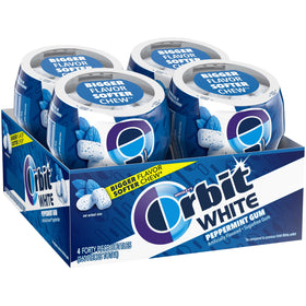 Orbit White Peppermint gum bottle assembly highlighting sugar-free convenience.