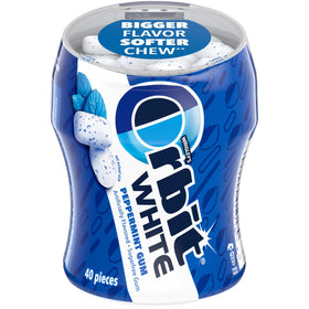 Orbit White Peppermint gum bottle back with four 40-piece bottles in view.