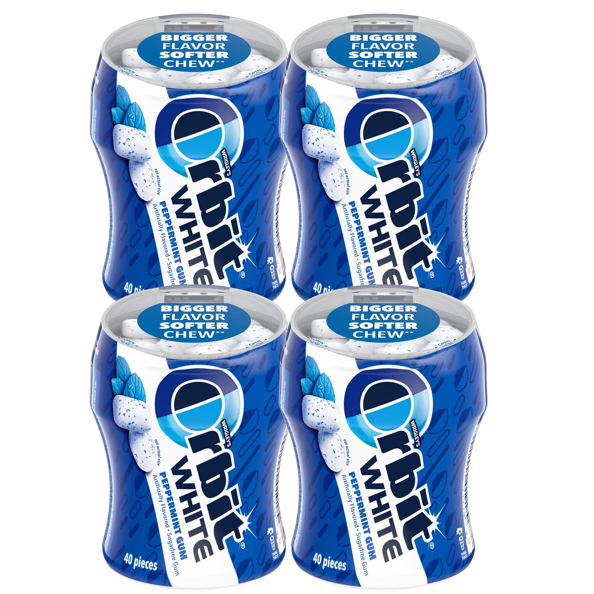 Orbit White Peppermint gum bottle front showing minty freshness and compact design.