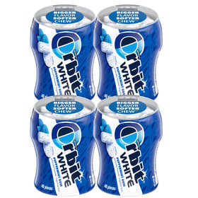 Orbit White Peppermint gum bottle front showing minty freshness and compact design.