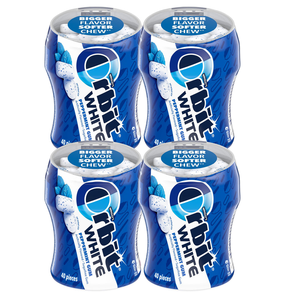 Orbit White Peppermint gum bottle front showing minty freshness and compact design.