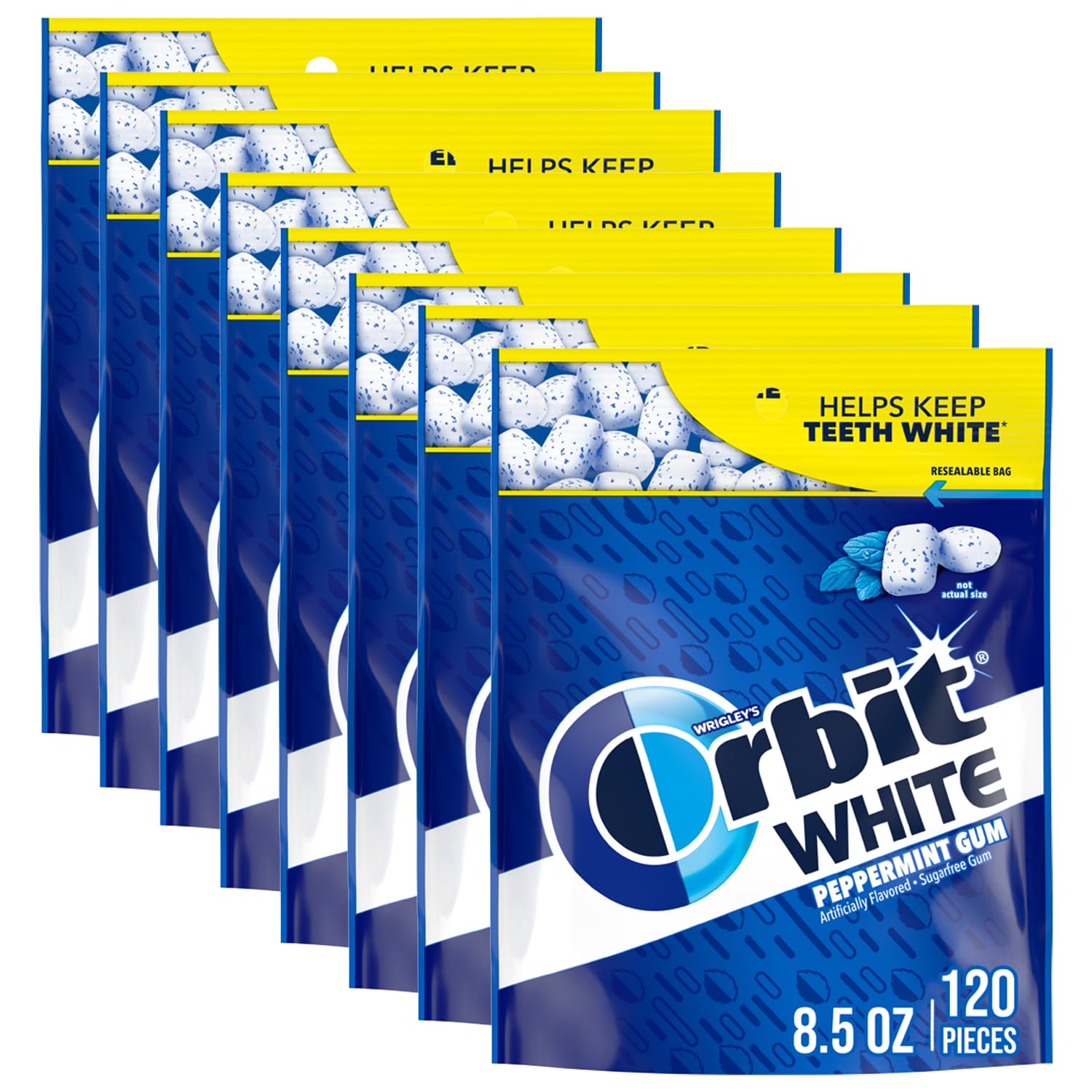 Orbit White Peppermint gum bag with 120 pieces for bulk mint freshness.