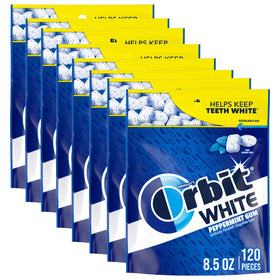 Orbit White Peppermint gum bag with 120 pieces for bulk mint freshness.