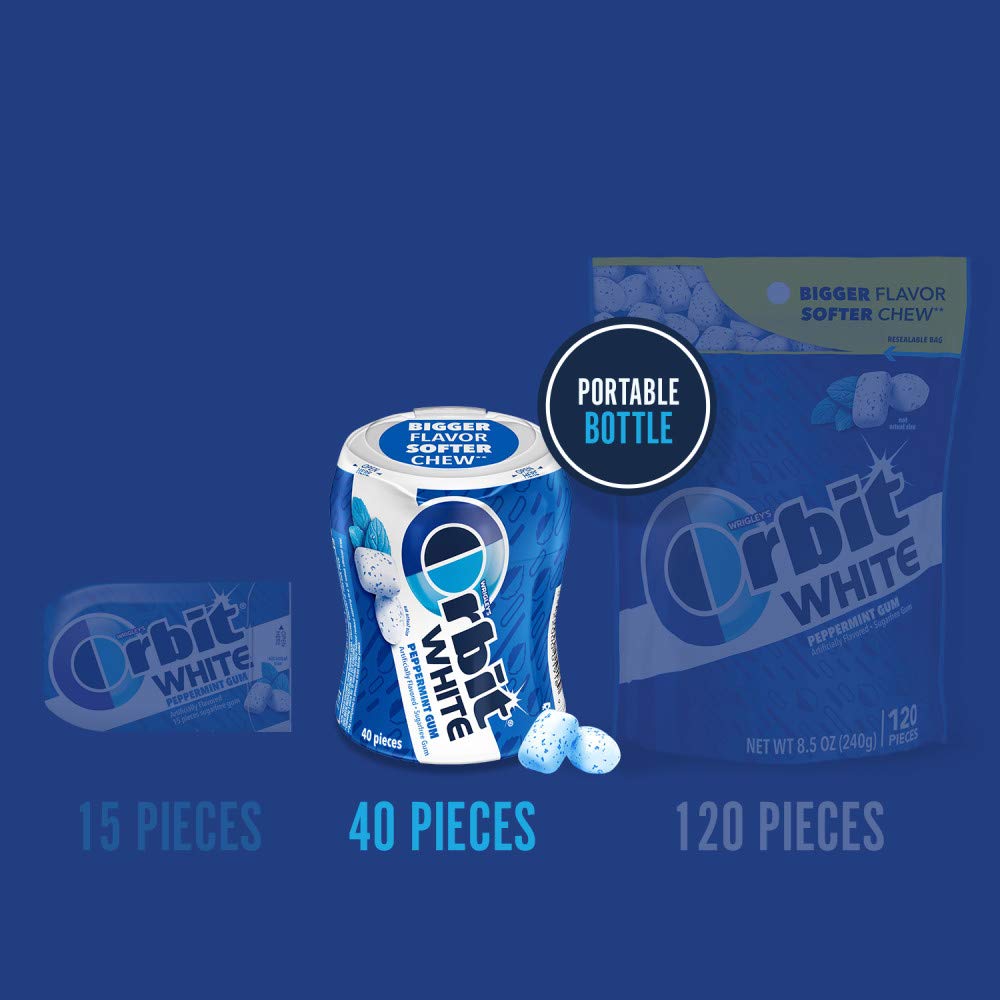Orbit White Peppermint Sugarfree Gum bulk pack side view for convenient on-the-go chewing