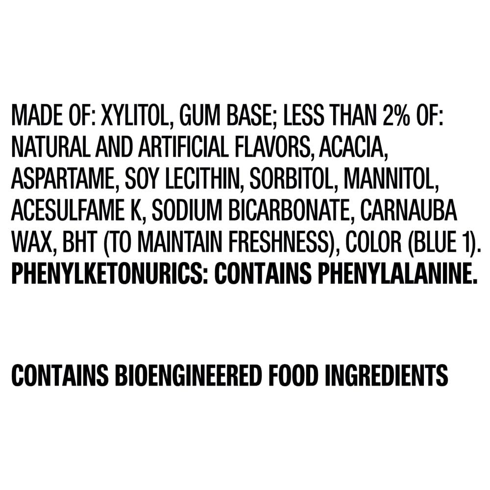 Orbit White Peppermint Sugarfree Gum pack label with nutrition info