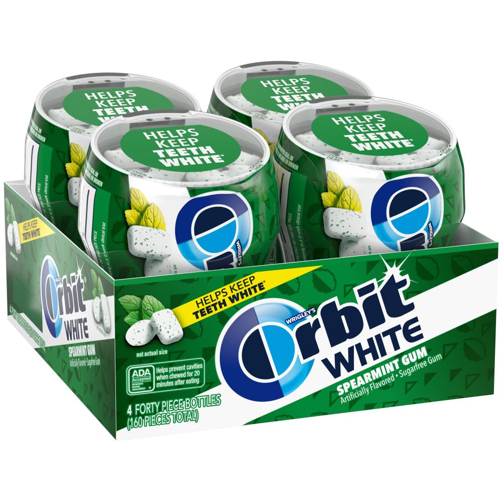 Orbit WHITE Spearmint gum bottle front, four-pack for on-the-go freshness.
