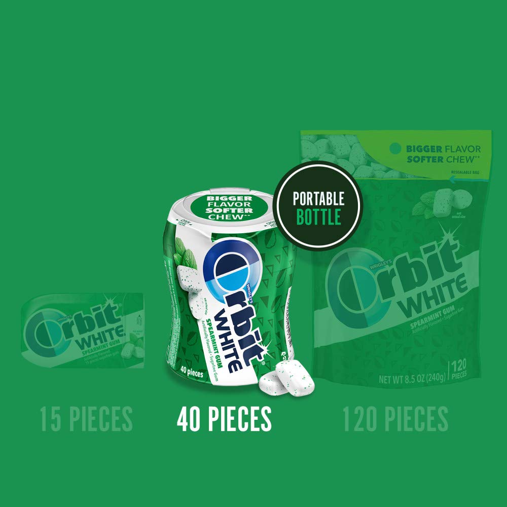 Orbit WHITE Spearmint gum bottles in a four-pack on a desk setup.