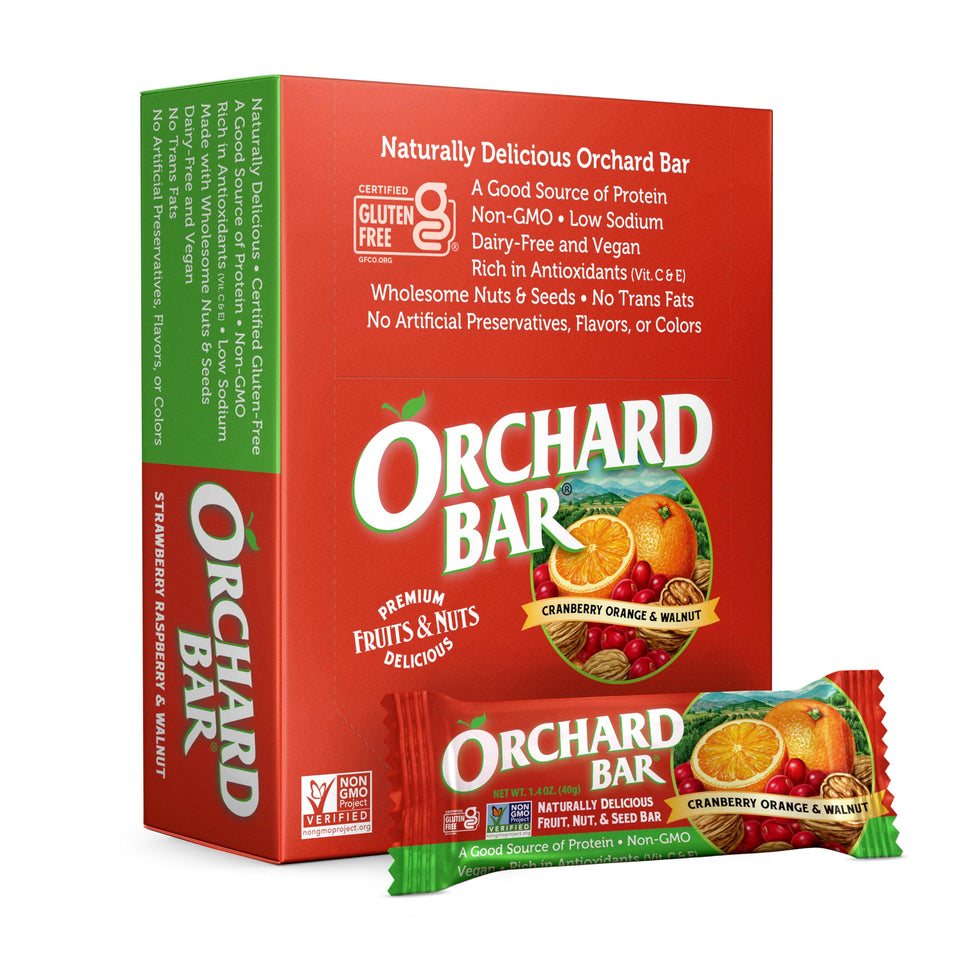 Orchard Bar Cranberry Orange Walnut bar front view with soft fruit and crunchy nuts