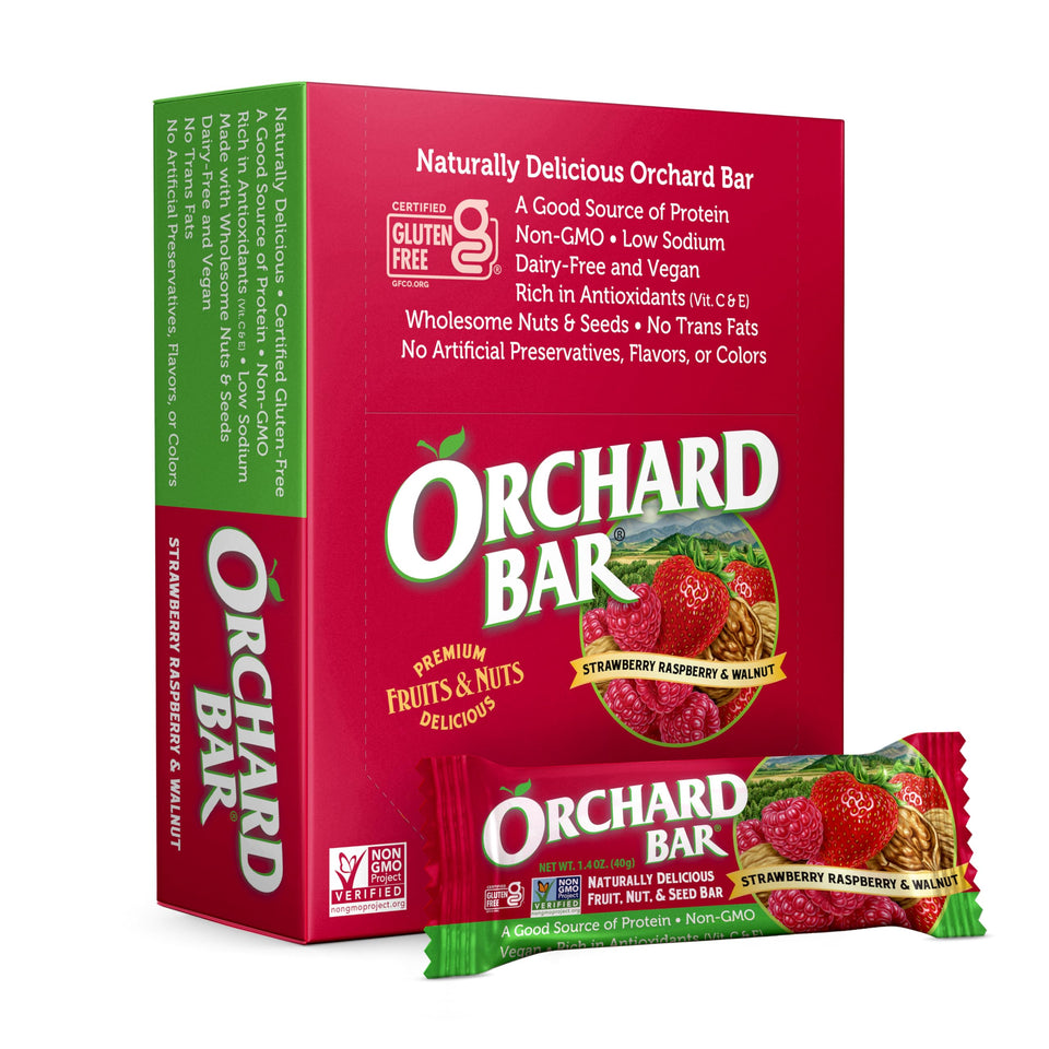 Orchard Bar pack front showcasing Strawberry Raspberry Walnut, a convenient non-GMO snack.