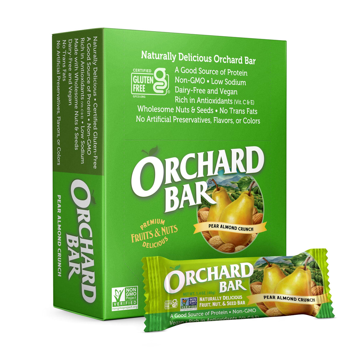 Orchard Bar Pear Almond bar pack, gluten-free vegan snack with protein and fiber.