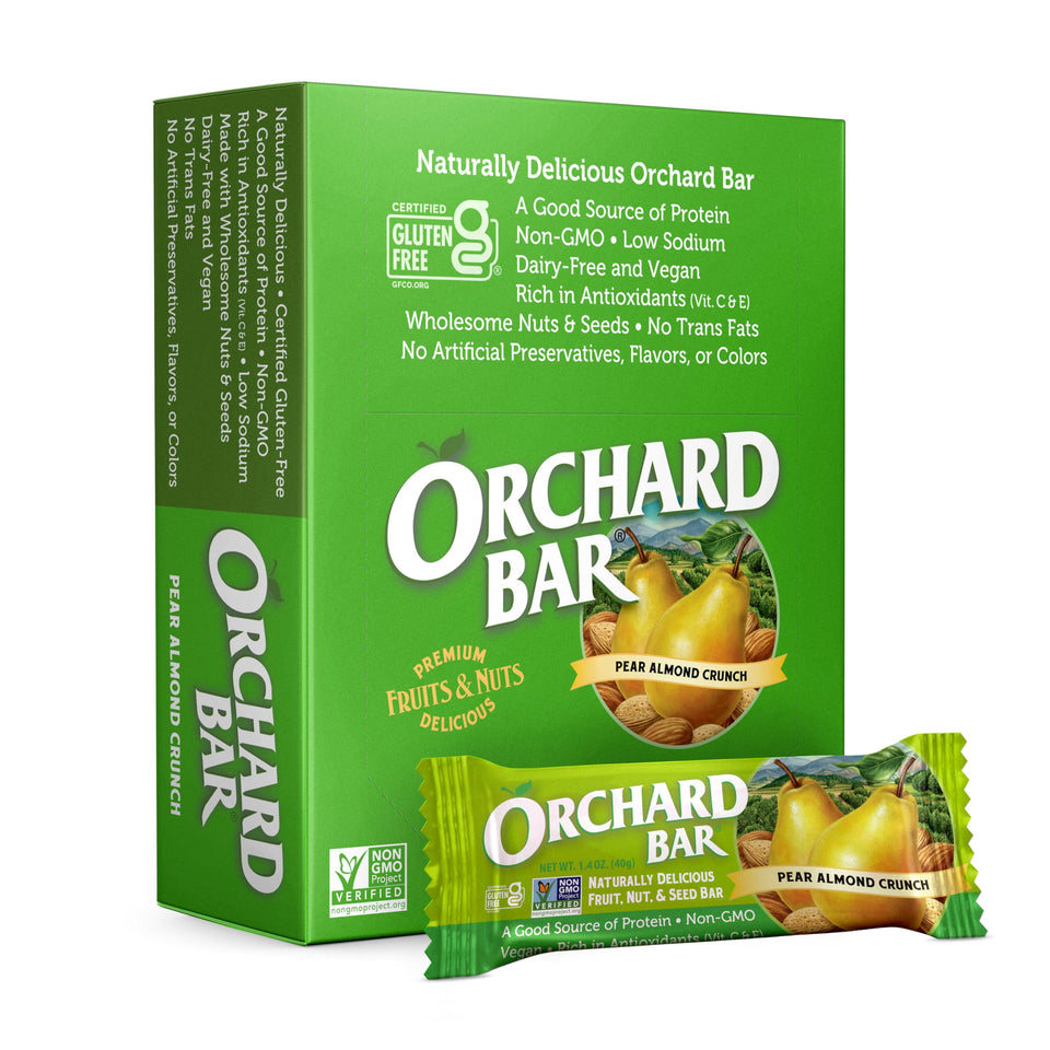 Orchard Bar Pear Almond bar pack, gluten-free vegan snack with protein and fiber.