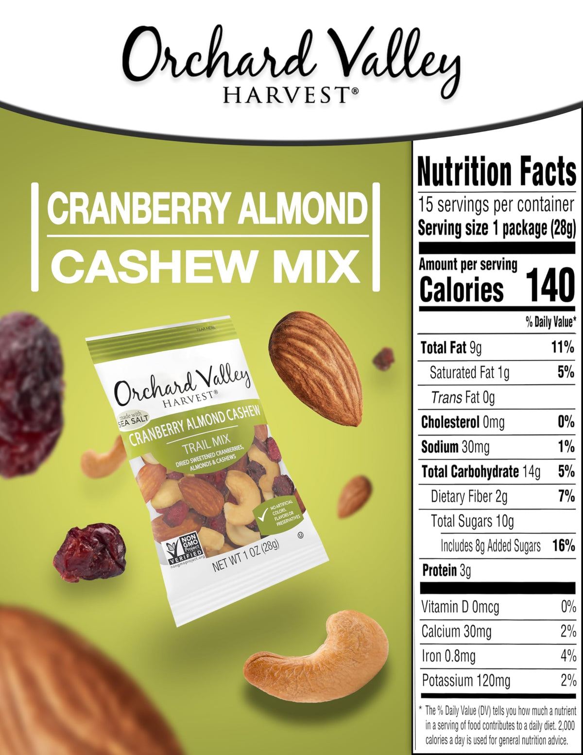 Orchard Valley Harvest cranberries, almonds, cashews close-up highlighting sweet-salty flavor.