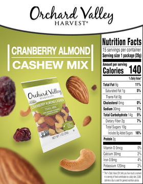 Orchard Valley Harvest cranberries, almonds, cashews close-up highlighting sweet-salty flavor.