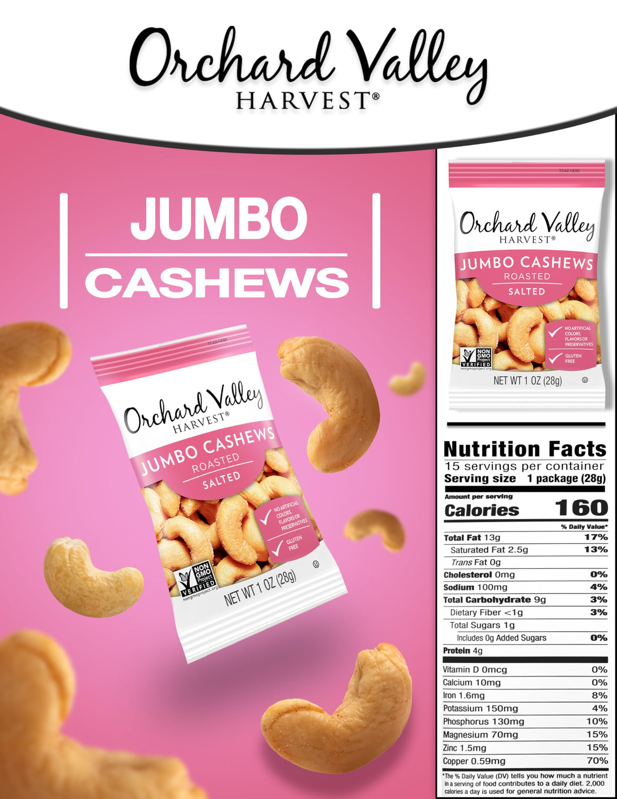Extra-large cashews roasted and lightly salted for rich, buttery crunch.