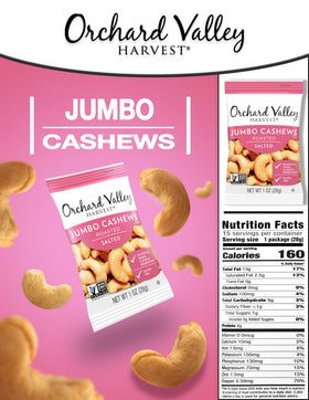 Extra-large cashews roasted and lightly salted for rich, buttery crunch.