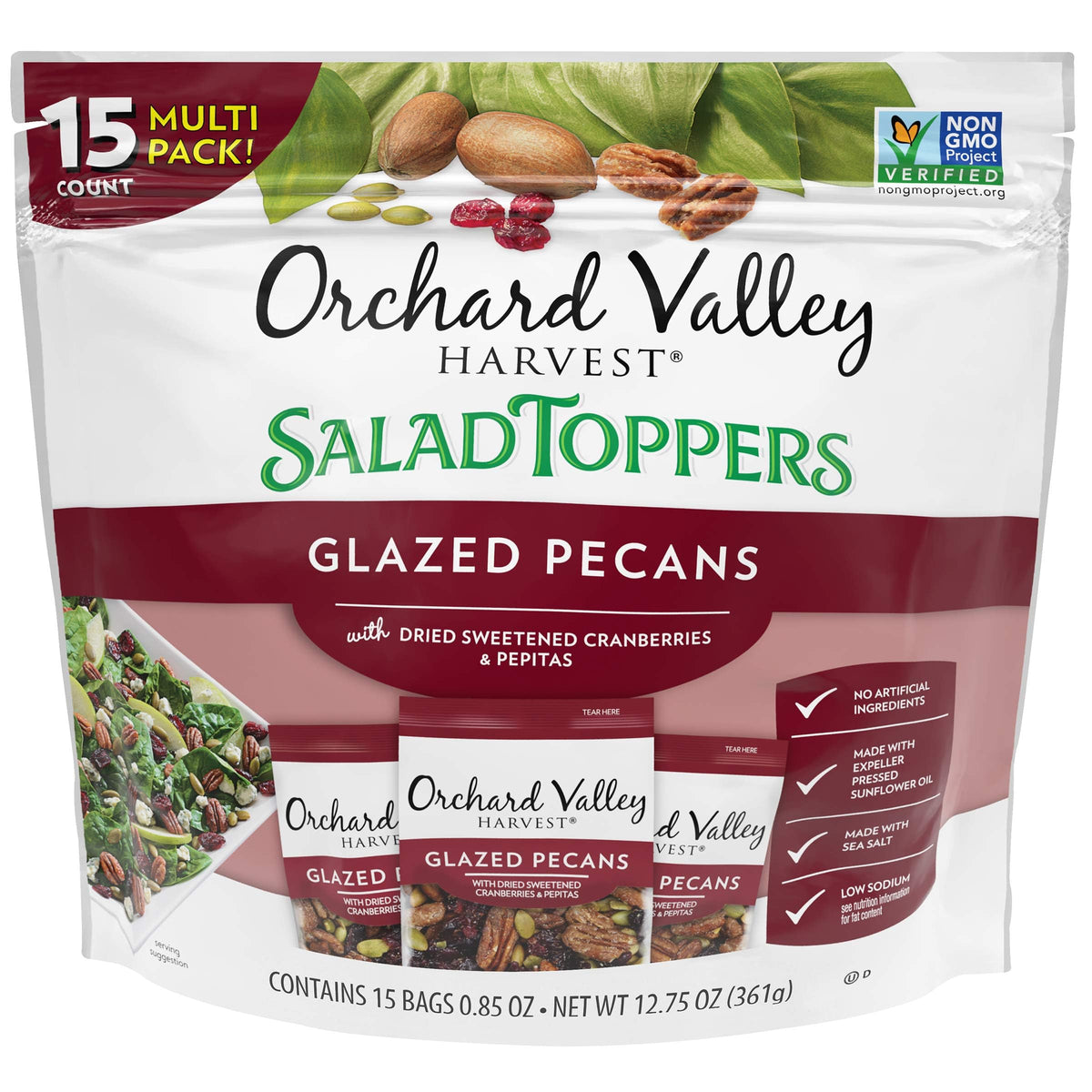 Orchard Valley Harvest glazed pecans salad toppers in bag front for easy salad crunch.