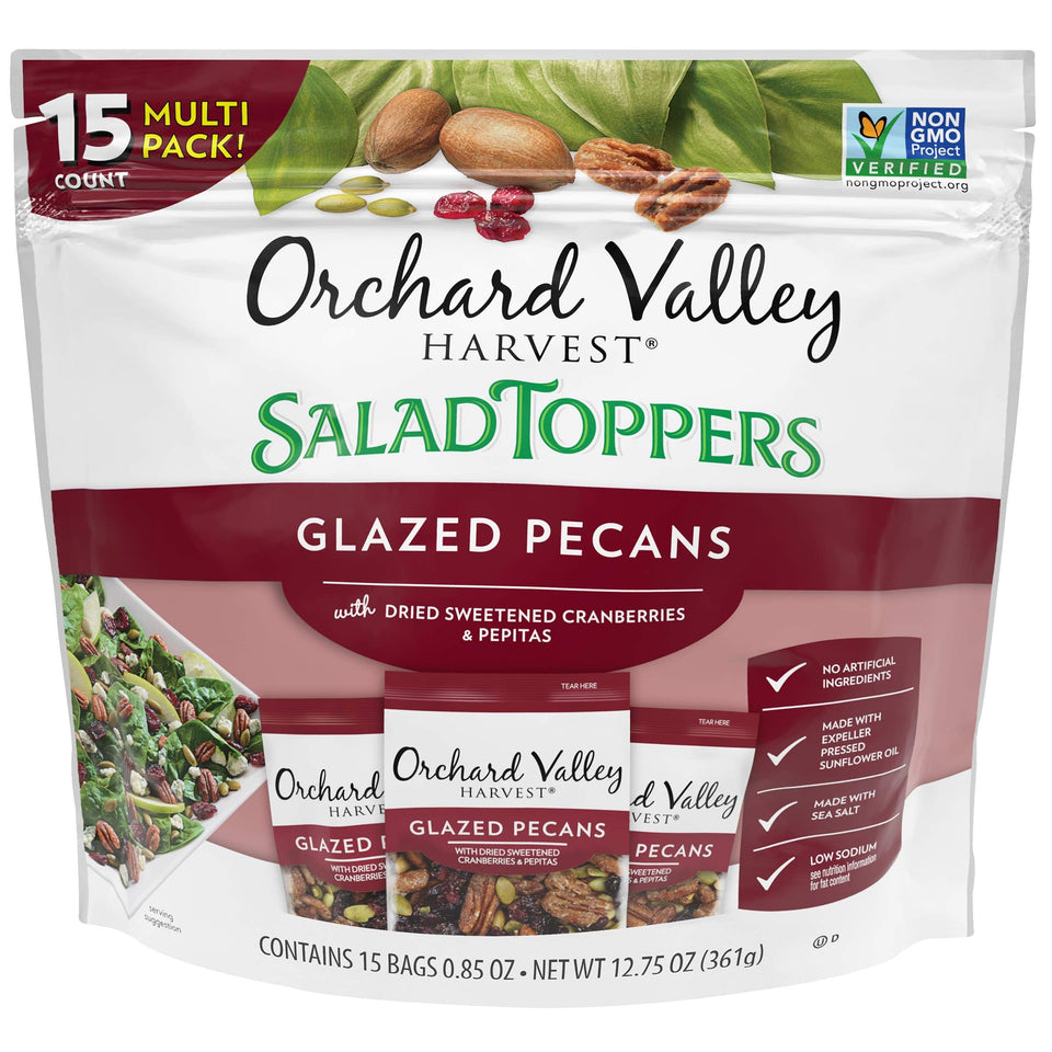 Orchard Valley Harvest glazed pecans salad toppers in bag front for easy salad crunch.