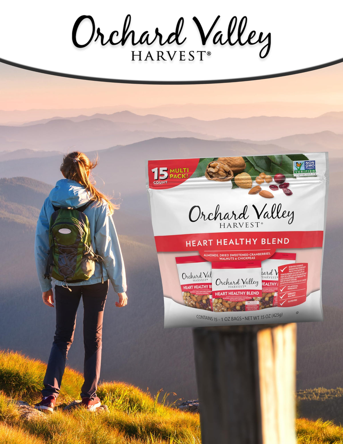 Orchard Valley Harvest Heart Healthy Blend 15-pack, single-serve 1oz portions for easy snacking.