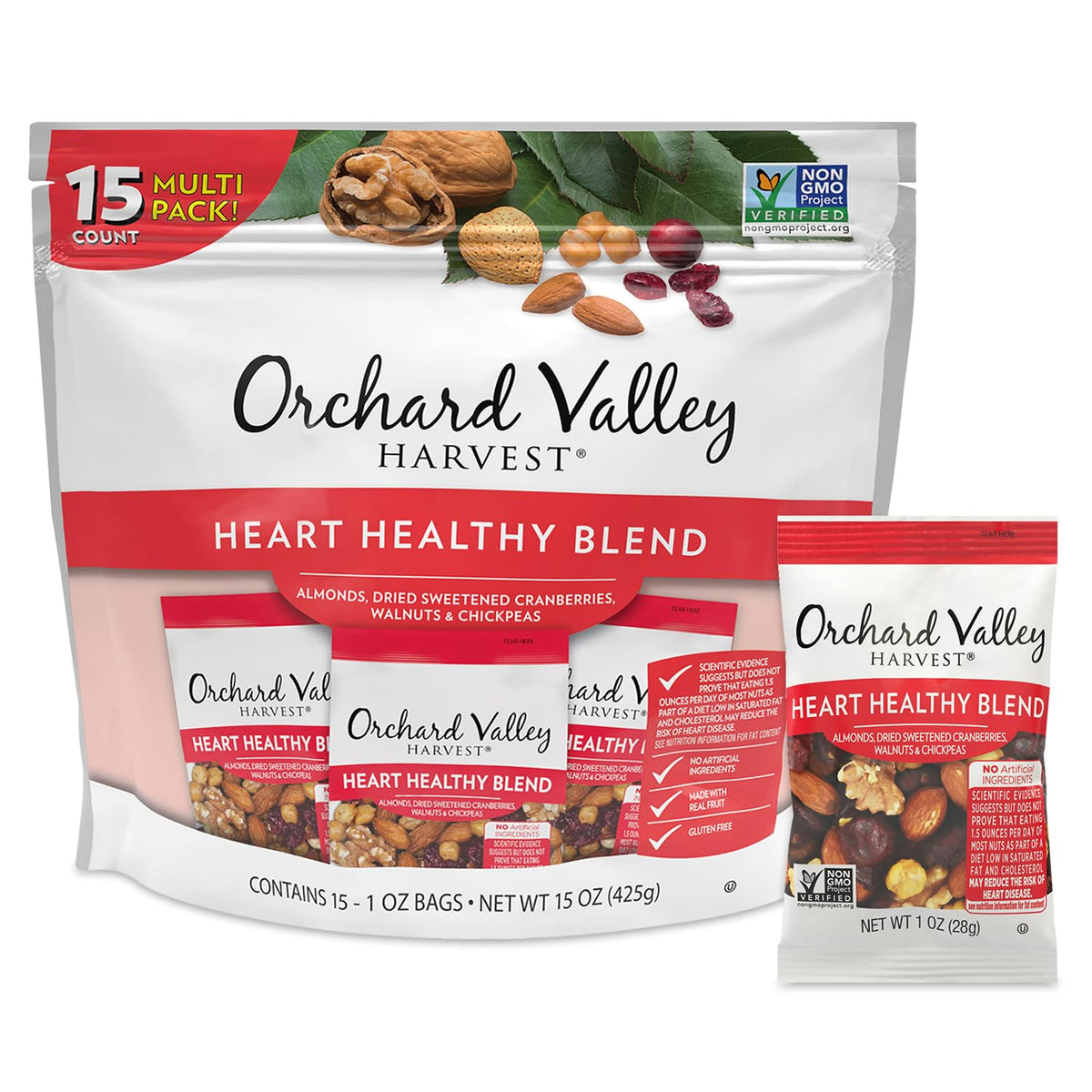 Orchard Valley Harvest Heart Healthy Blend almonds and cranberries in a 1oz snack pack; fiber-rich bite.