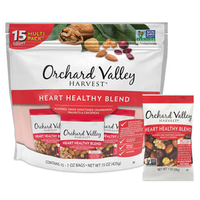 Orchard Valley Harvest Heart Healthy Blend almonds and cranberries in a 1oz snack pack; fiber-rich bite.