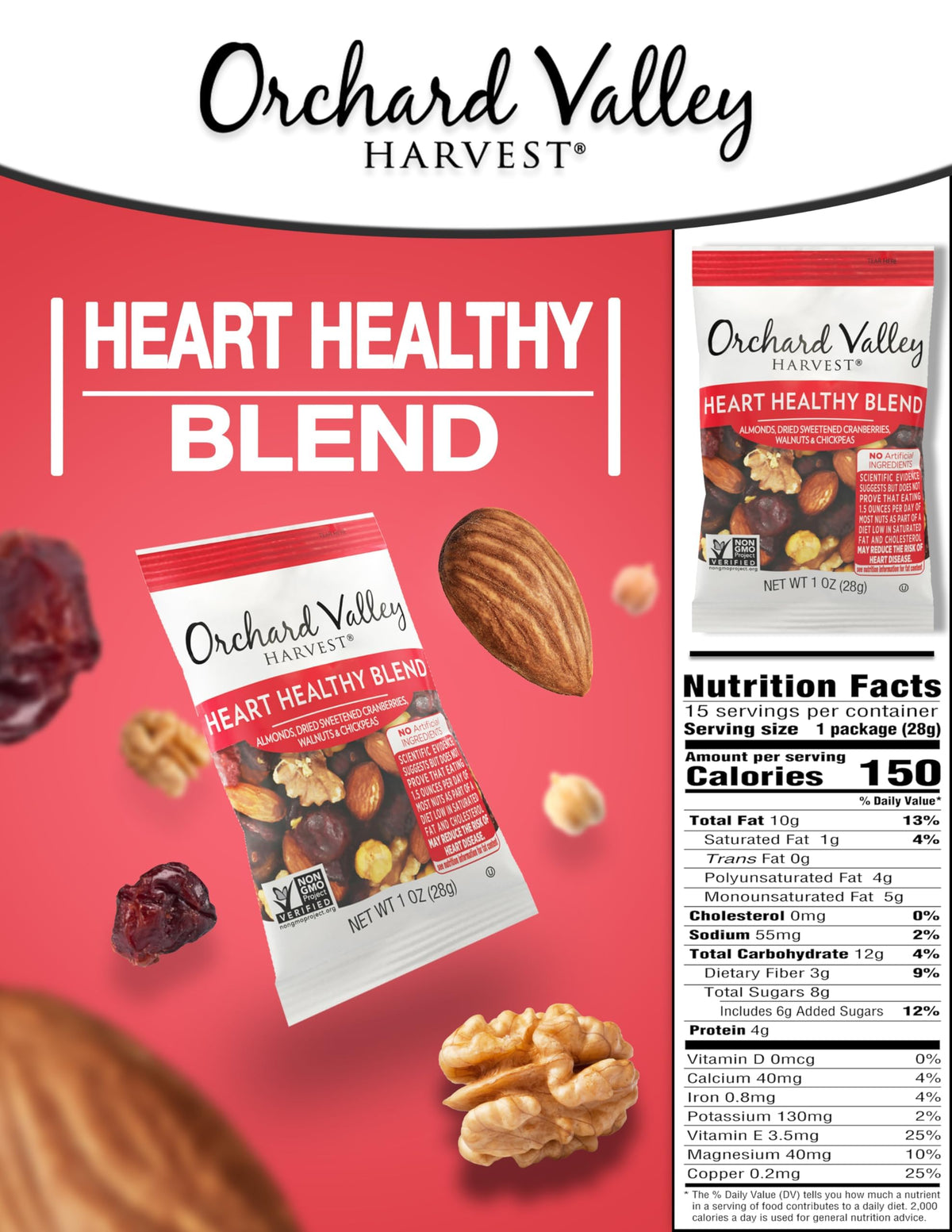 Orchard Valley Harvest Heart Healthy Blend on-the-go snack, convenient between activities.