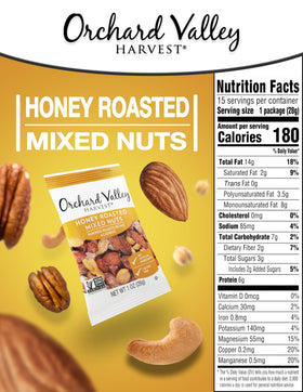 Orchard Valley Harvest Honey Roasted Mixed Nuts closeup with honey glaze.