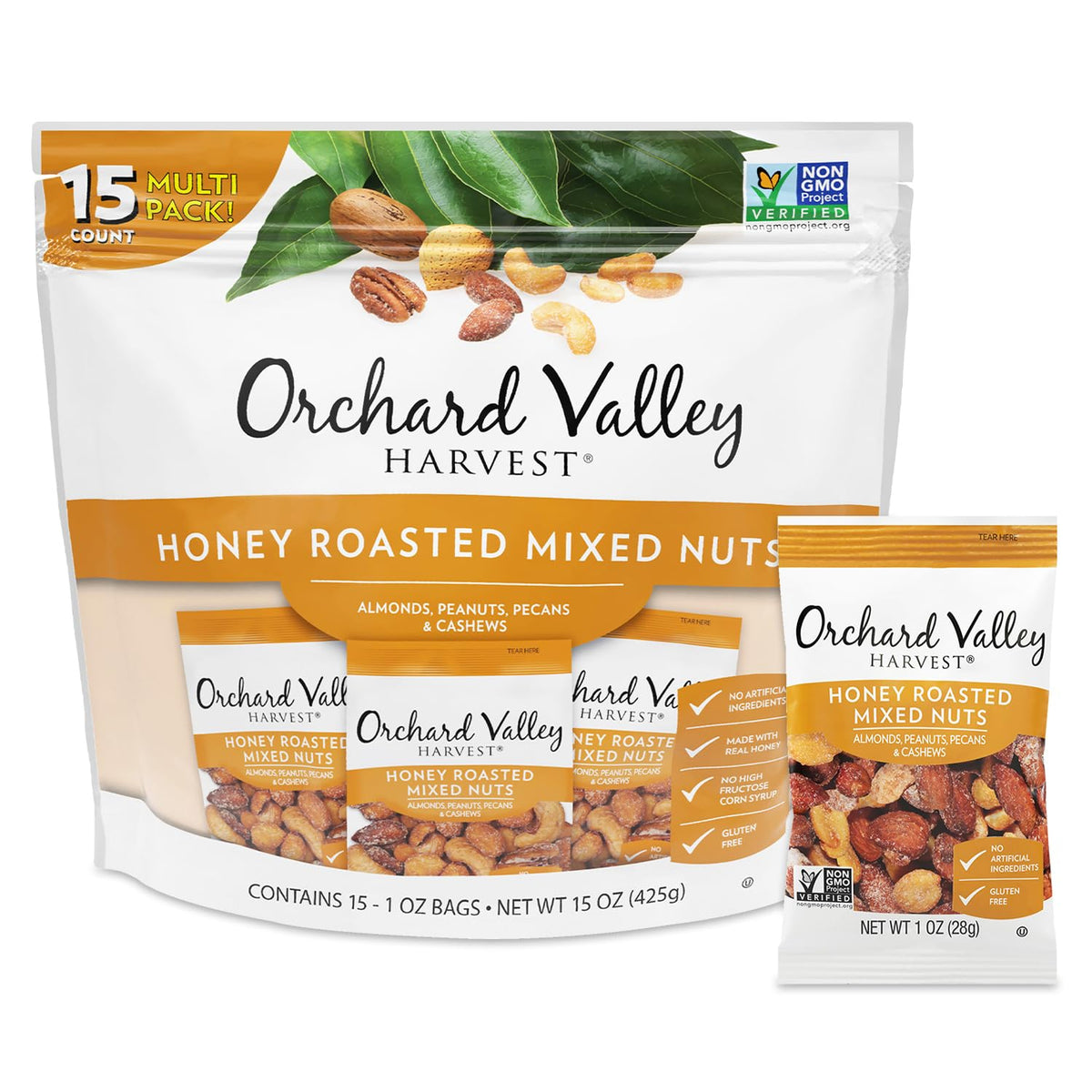 Orchard Valley Harvest Honey Roasted Mixed Nuts pack for on-the-go snacking.