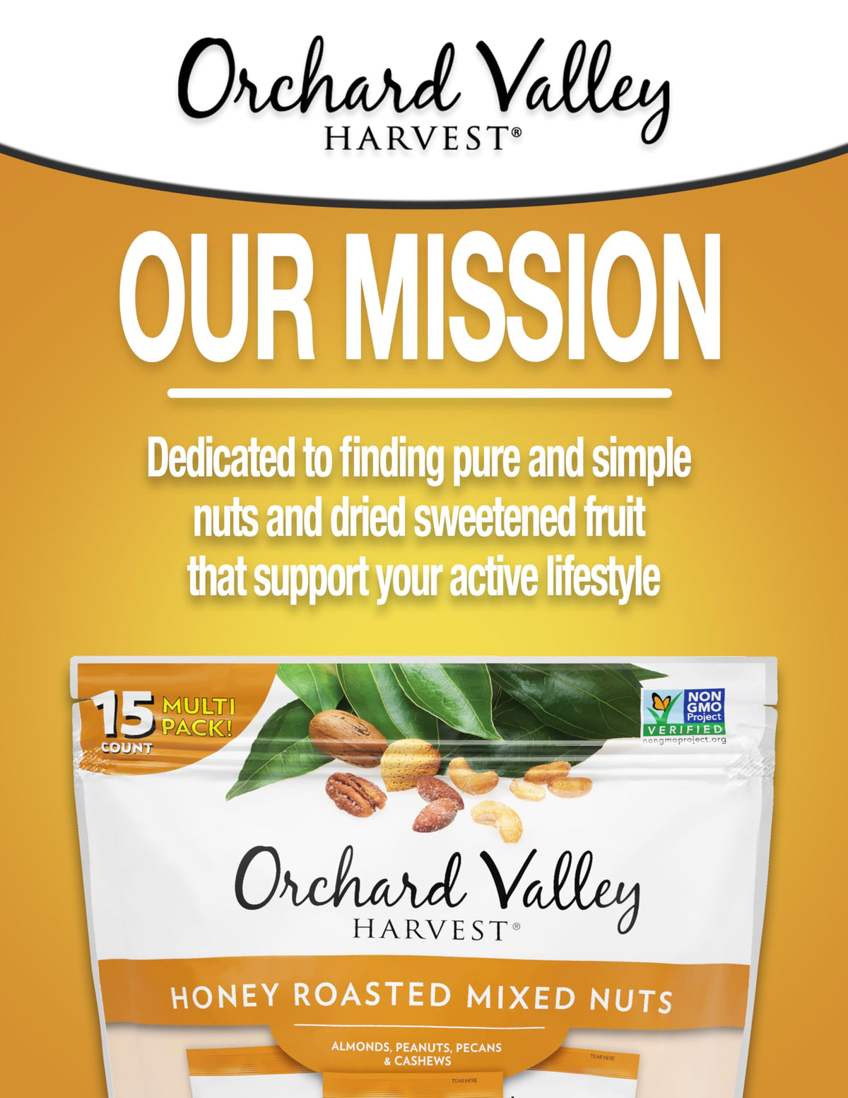 On-the-go sachet of Orchard Valley Harvest Honey Roasted Mixed Nuts for travel.