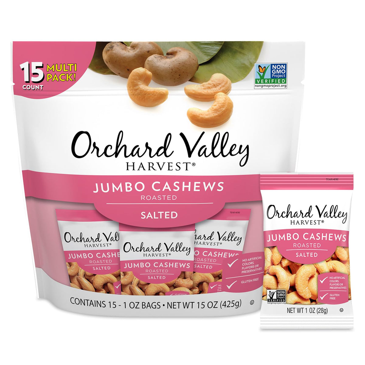 Orchard Valley Harvest jumbo cashews in 1 oz packs for convenient snacking.