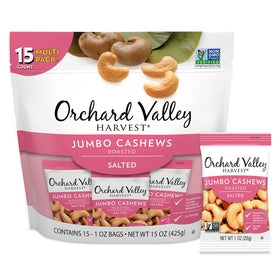 Orchard Valley Harvest jumbo cashews in 1 oz packs for convenient snacking.