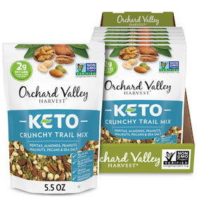 Orchard Valley Harvest Keto Crunchy Trail Mix label highlights keto friendly snack with 2 g net carbs per serving