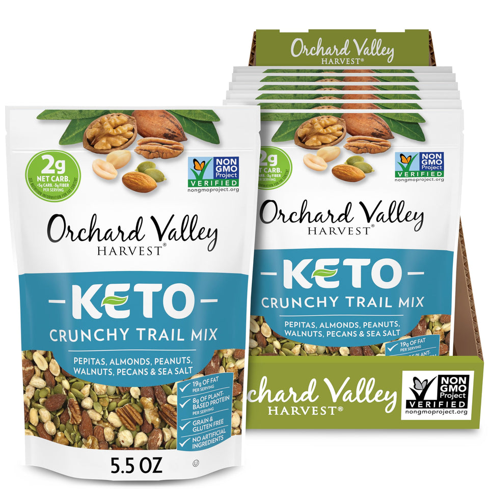Orchard Valley Harvest Keto Crunchy Trail Mix label highlights keto friendly snack with 2 g net carbs per serving