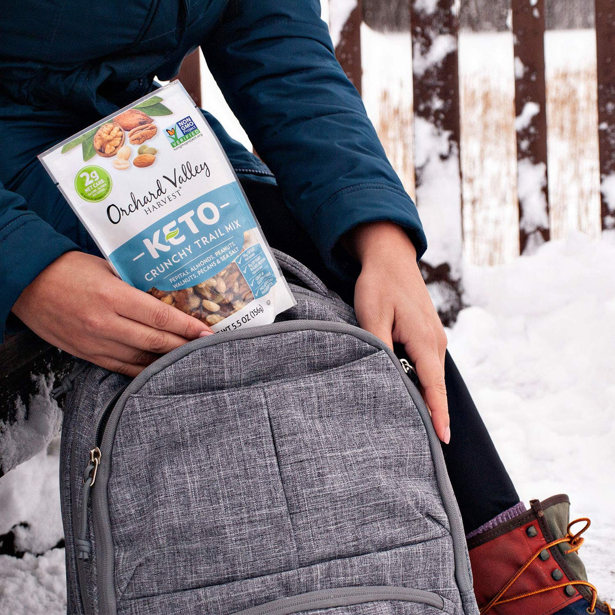 Orchard Valley Harvest Keto Crunchy Trail Mix pack on the go demonstrates convenient grain free snacking