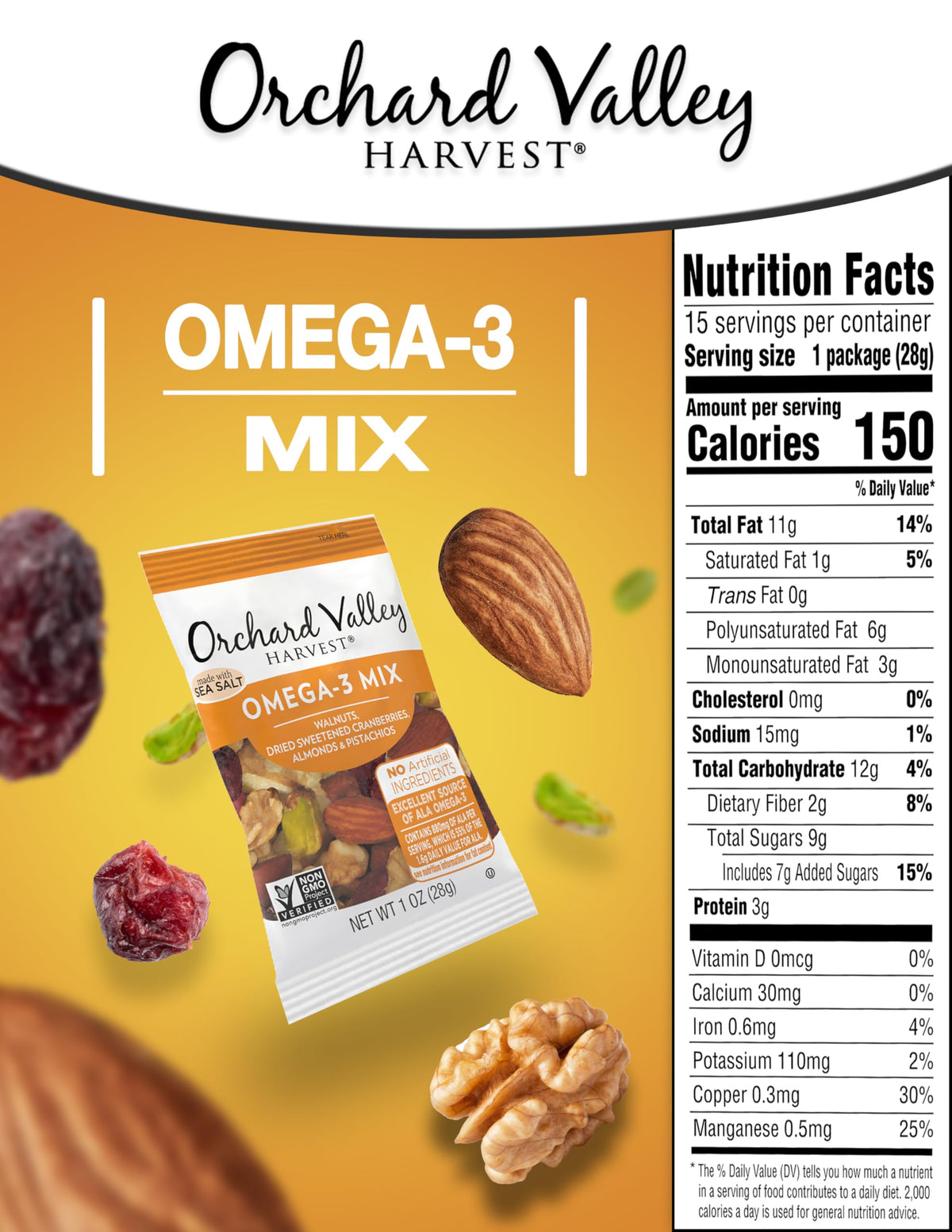 Orchard Valley Harvest Omega-3 Mix nuts and cranberries close-up, snack-ready