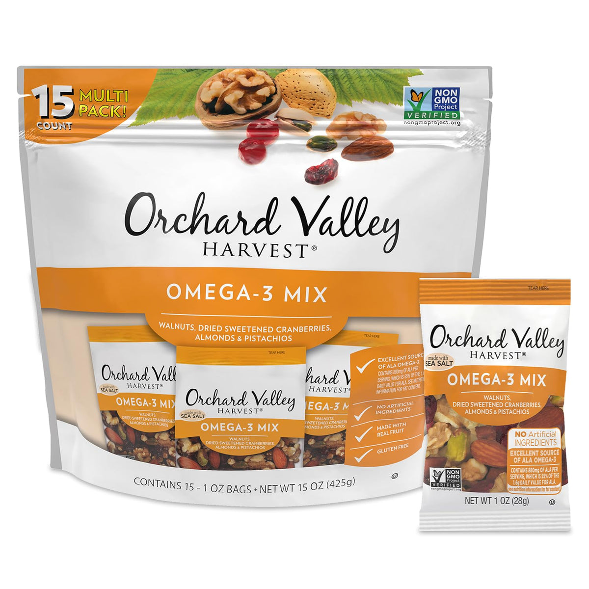 Orchard Valley Harvest Omega-3 Mix packaging with 15 single-serve pouches