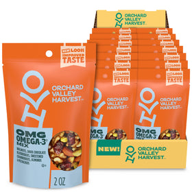 Orchard Valley Harvest OMG Omega-3 Mix bag on a desk, ideal for on-the-go snacking.