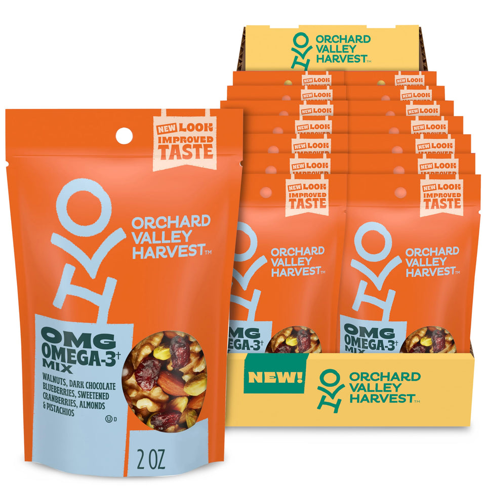 Orchard Valley Harvest OMG Omega-3 Mix bag on a desk, ideal for on-the-go snacking.