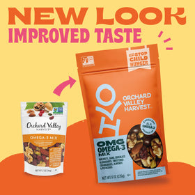 Orchard Valley Harvest OMG Omega-3 Mix gluten-free and Non-GMO, clean snack option.