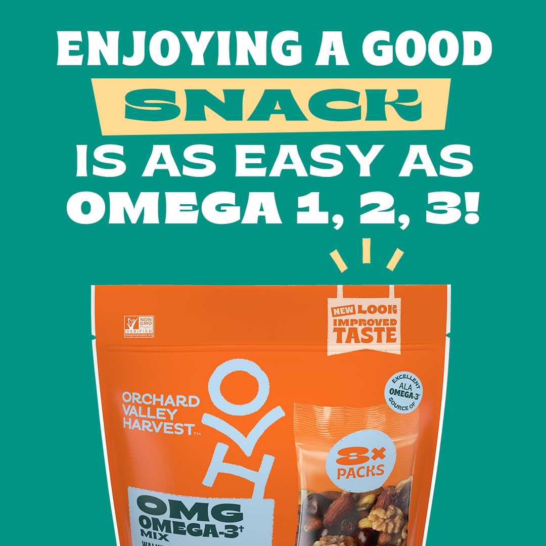 Orchard Valley Harvest OMG Omega-3 Mix close-up of ingredients, wholesome, convenient trail mix option.