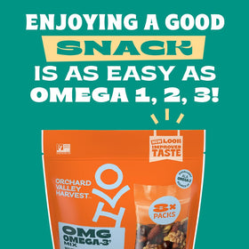 Orchard Valley Harvest OMG Omega-3 Mix close-up of ingredients, wholesome, convenient trail mix option.